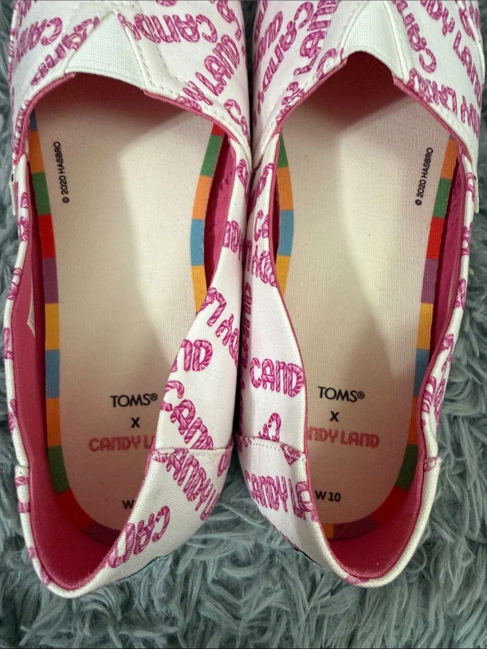 Toms Women's White Canvas Slip-Ons with Pink Candy Land Print